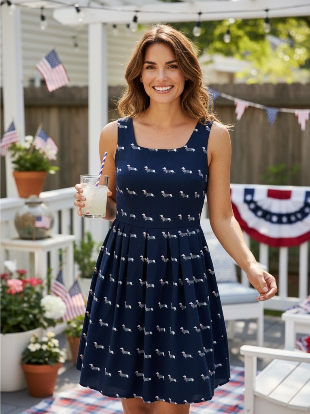 Patriotic Dachshund Print Fit & Flare Dress Americana Fourth of July Sundress S